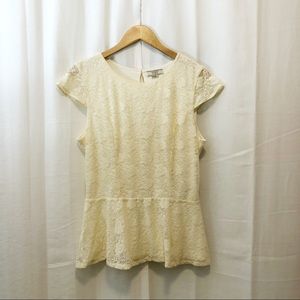 Guess cream lace button back peplum top L